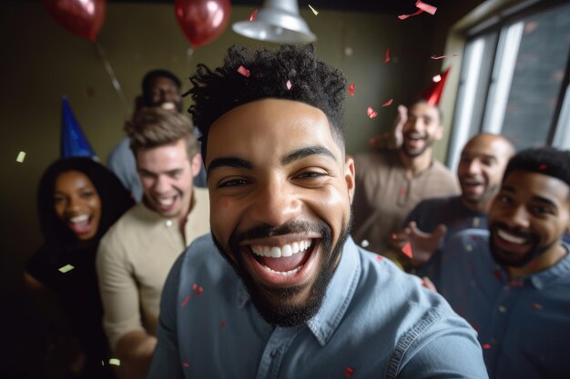 Portrait of a happy young man celebrating with his friends created with generative ai