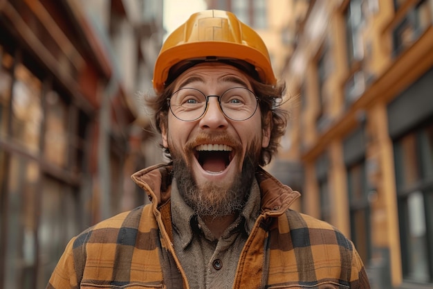 Portrait of a happy young man in hardhat and eyeglasses looking at camera outdoors