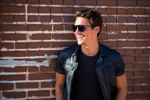 Photo portrait of happy young man holding sunglasses while standing against brick wal