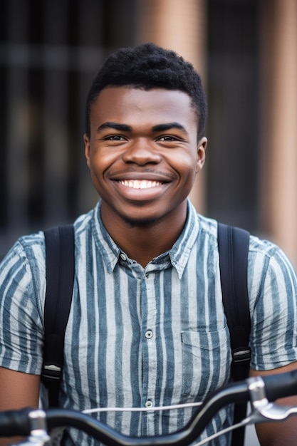 Photo portrait of a happy young man standing outside with his bicycle created with generative ai