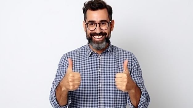 portrait of happy young man wearing back shirt with beard doing thumbs up on isolated white background