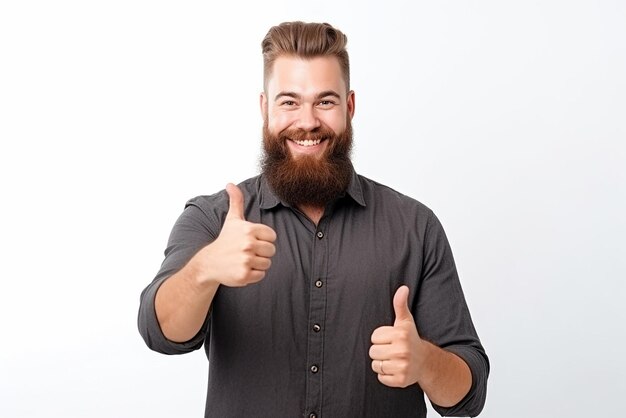 portrait of happy young man wearing back shirt with beard doing thumbs up on isolated white background