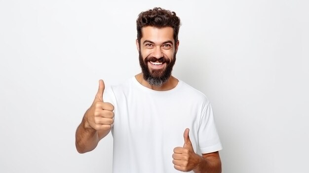 portrait of happy young man wearing back shirt with beard doing thumbs up on isolated white background