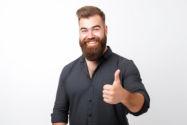 portrait of happy young man wearing back shirt with beard doing thumbs up on isolated white background