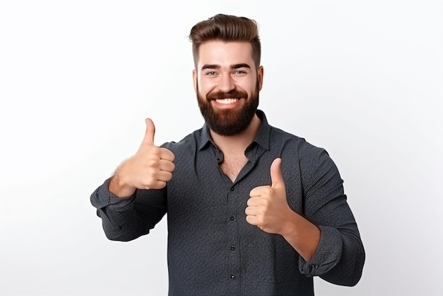 portrait of happy young man wearing back shirt with beard doing thumbs up on isolated white background