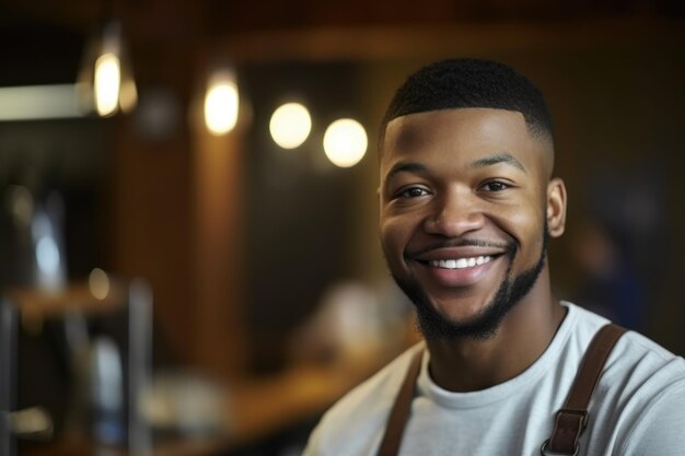 Portrait of a happy young man working in his caf created with generative ai