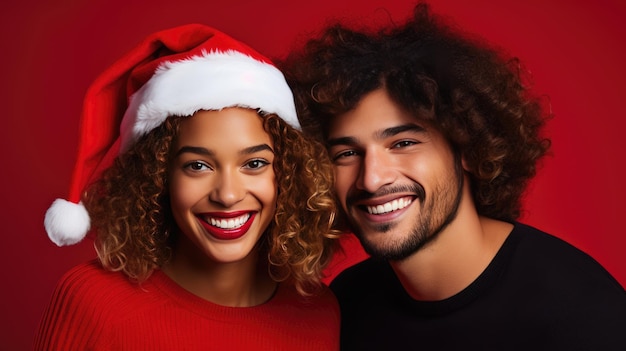 Portrait of happy young multiethnic couple in Christmas hats