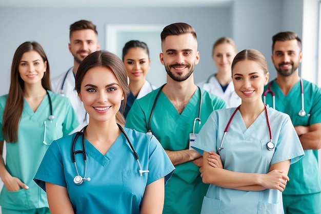 Foto ritratto di un giovane infermiere felice in uniforme con la squadra sanitaria sullo sfondo un team di medici e infermieri di successo sorridente un'assistente sanitaria bella e soddisfatta in una clinica privata che guarda la telecamera