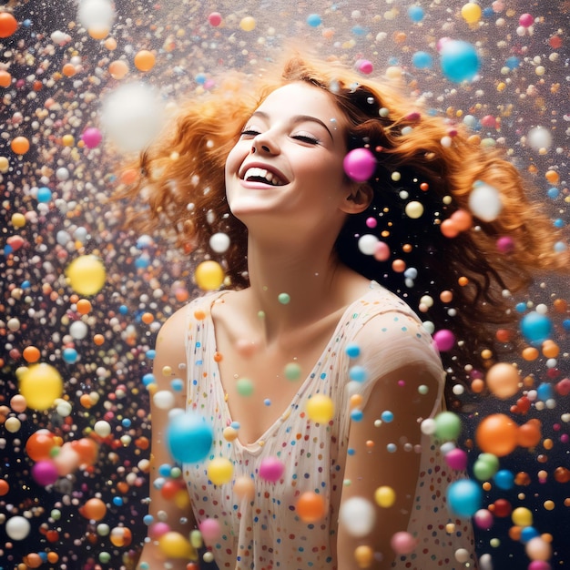 Foto portrait of a happy young woman blowing a colorful confetti on a background of colorful confett