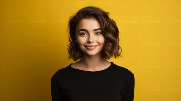 Portrait of a happy young woman in a clean yellow backdrop with copy space generative ai