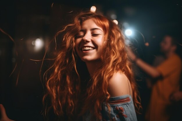 Portrait of a happy young woman dancing at a party created with generative ai