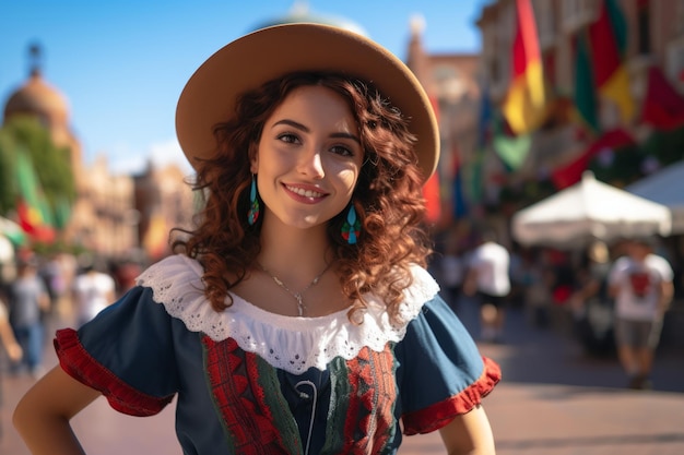 Portrait of a happy young woman in dirndl walking on the street