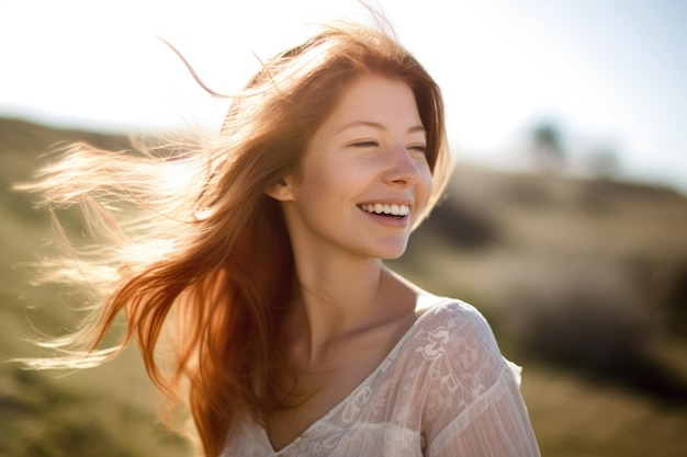 Portrait of a happy young woman enjoying the fresh air and sunshine created with generative ai