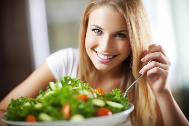 Portrait of a happy young woman enjoying a healthy salad created with generative ai