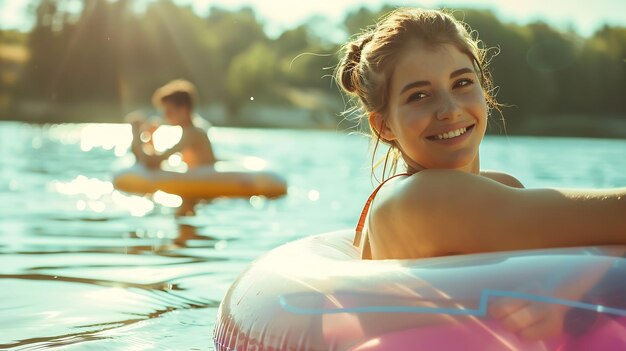 Photo portrait of happy young woman floating in an innertube with her boyfriend in backgro generative ai