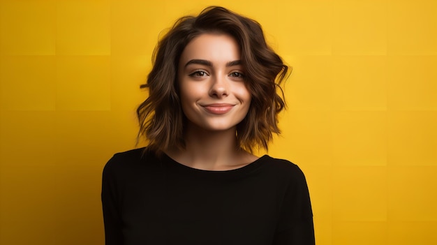 Portrait of a happy young woman in a formal black tops in clean yellow backdrop with copy space generative ai