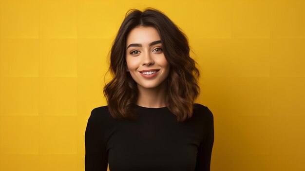 Portrait of a happy young woman in a formal black tops in clean yellow backdrop with copy space generative ai