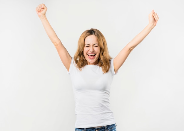 Photo portrait of a happy young woman isolated on white background