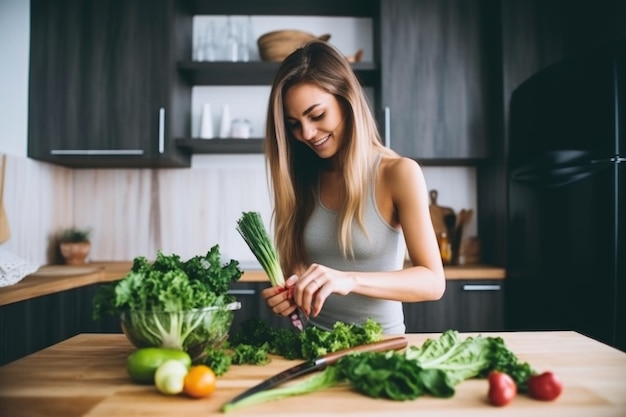 Portrait of a happy young woman making a healthy salad in her kitchen created with generative ai