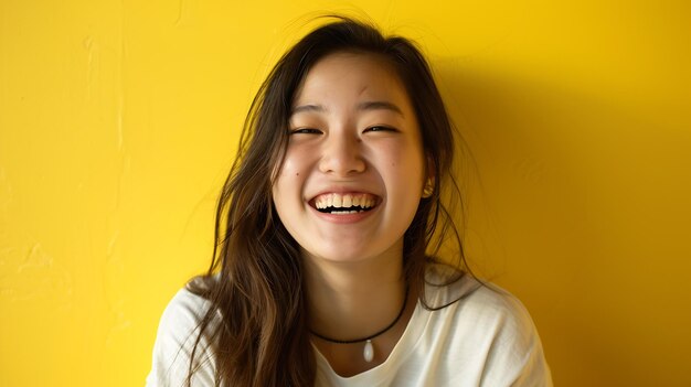 Portrait of happy young woman smiling at camera isolated on bright yellow background Generative AI