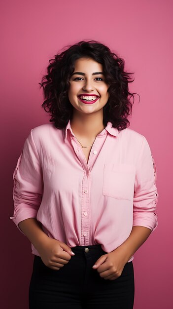 Portrait of happy young woman standing against pink