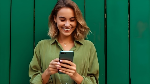 Portrait of a happy young woman using mobile phone over green background with copyspace
