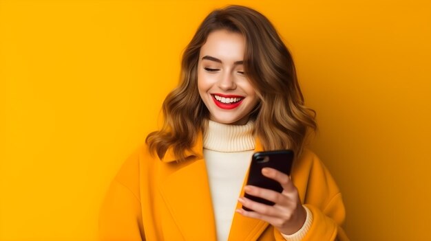 Portrait of a happy young woman using mobile phone over yellow background with copyspace