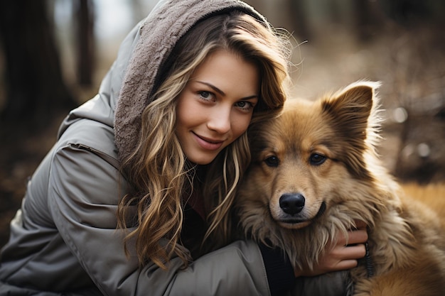 숲 속 의 개 와 함께 행복 한 젊은 여자 의 초상화
