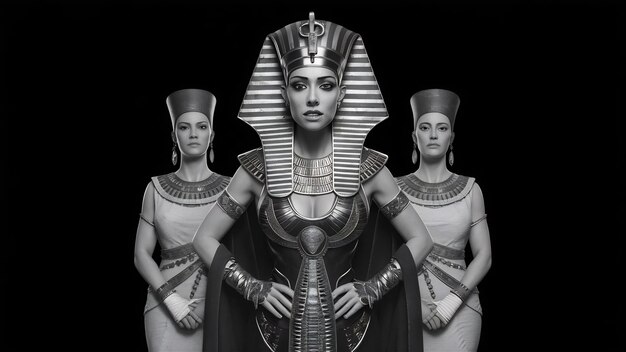 Photo portrait of haughty egyptian queen in an ancient pharaoh costume with two concubines