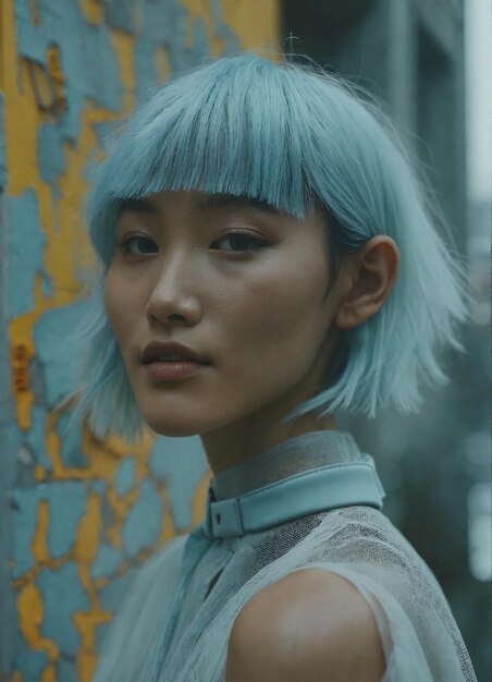 Photo a portrait of a haute couture beautiful asian fashion model with pale blue hair ethereal dreamy fog