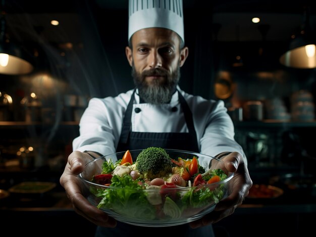 Portrait of Head Chef Presenting Salad