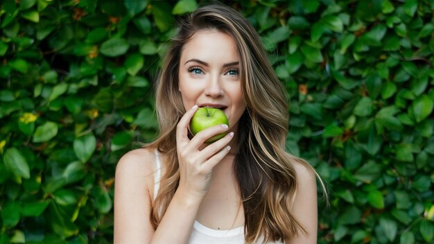 Photo portrait of healthy woman with long brown hair standing isolated over white tasting green juicy ap