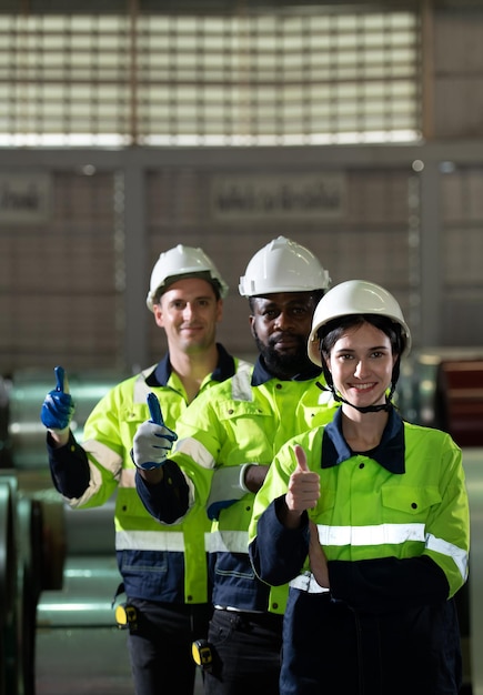 Photo portrait of a heavy equipment group of engineer from a huge industry