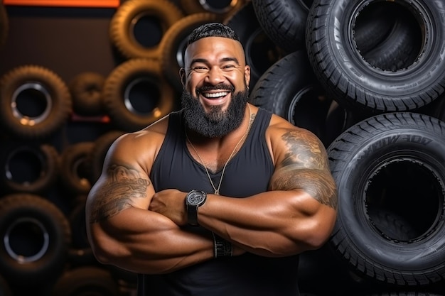 Portrait of a hefty smiling black man with tattoos engaged in wheel repair and rubber replacement