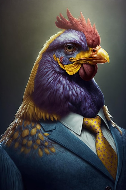 Portrait of hen with suit and yellow tie on dark background created using generative ai technology