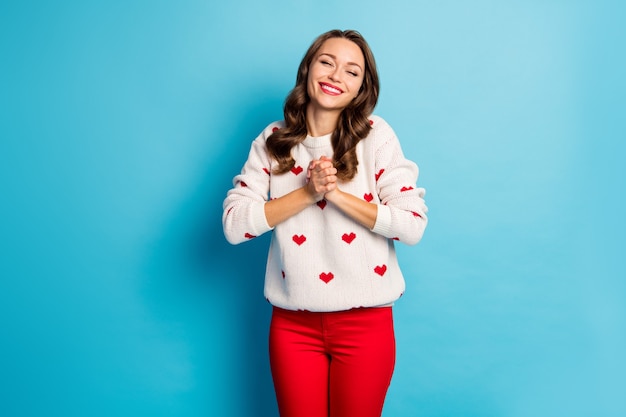 Portrait of her she  lovable dreamy cheerful   girl fan enjoying fascinating gift news present surprise