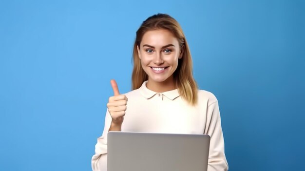 Portrait of her she nice attractive lovely cheerful cheery wavyhaired girl holding in hands laptop