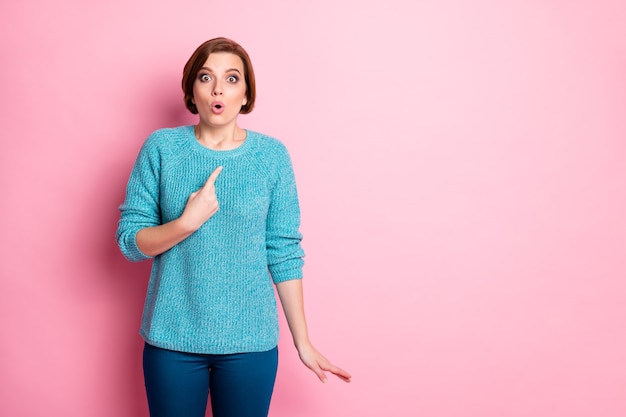 Portrait of her she nice attractive pretty lovely puzzled confused scared brown-haired girl pointing at herself guilty or innocent 