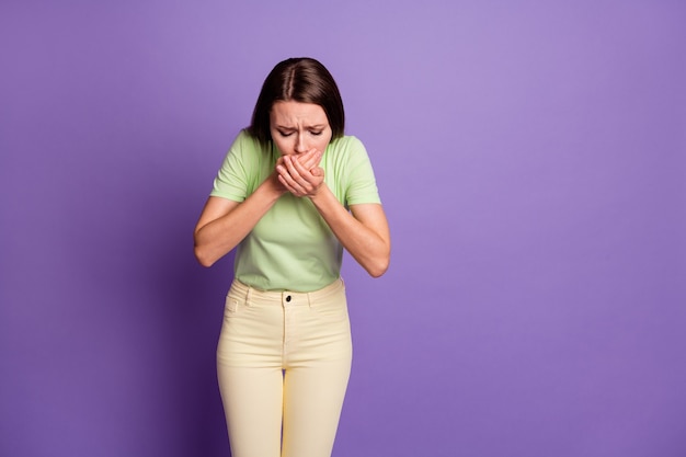 Portrait of her she nice-looking attractive sick depressed girl vomiting illness disease suffering chronic virus symptom isolated over bright vivid shine vibrant lilac violet color background