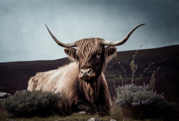 Portrait of highland cow lying in grass in mountains created using generative ai technology