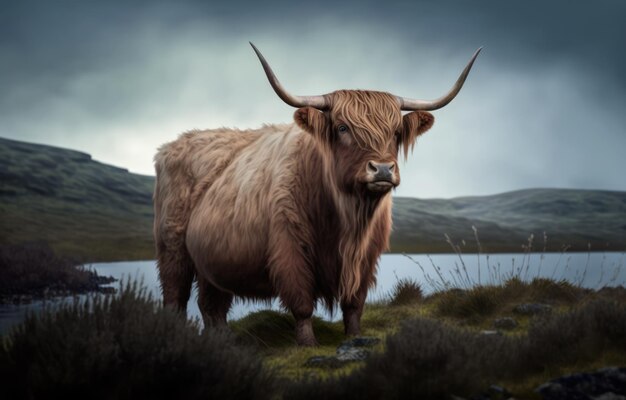 Portrait of highland cow standing in grass in mountains created using generative ai technology