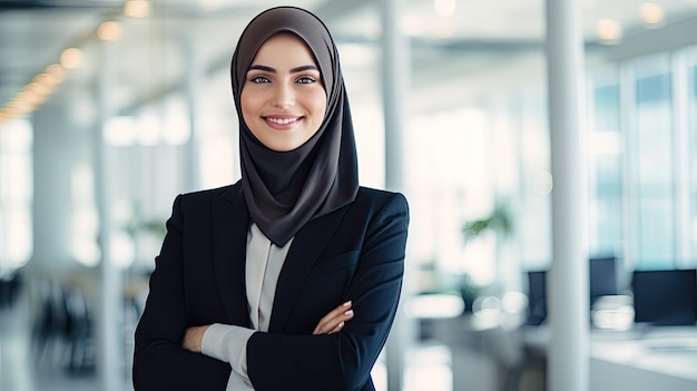 portrait of a Hijabi Muslim business woman in an office with her hands folded in the style of smoot