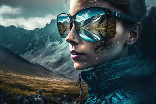 Portrait of hiker wear sunglasses with reflection of wondrous mountain and sky