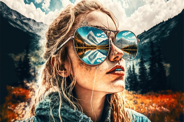 Portrait of hiker wear sunglasses with reflection of wondrous mountain and sky