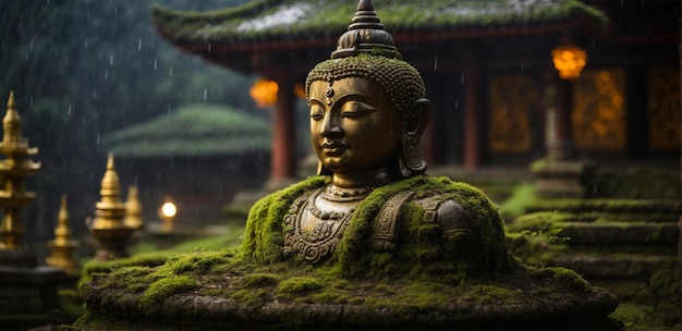 portrait of a Hindu statue stupa smeared during a rainy night