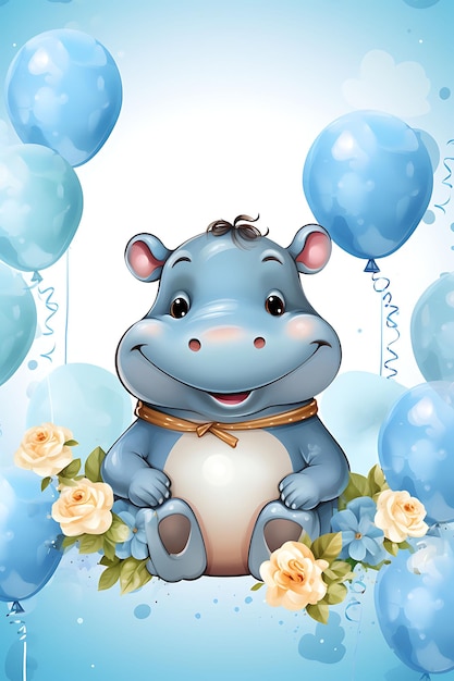 Portrait of Hippo Holding Balloons With Festive Pose and Smilin Vintage Poster 2D Flat Design Art