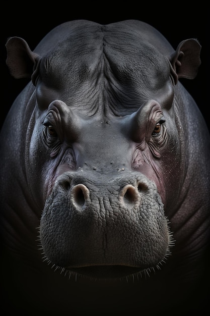 Portrait of a hippopotamus on a black background Generative AI