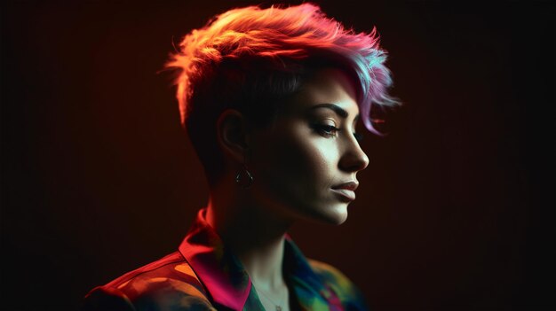 Portrait of a hipster girl with colorful hair on a dark background Generated AI