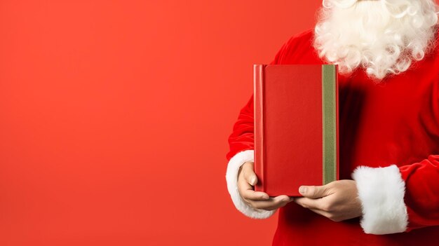 Portrait of his he attractive amazed stunned wondered fat whitehaired Santa reading book education isolated over bright vivid color background