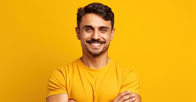 Portrait of his he nice attractive sportive cheerful cheery content guy personal trainer folded arm